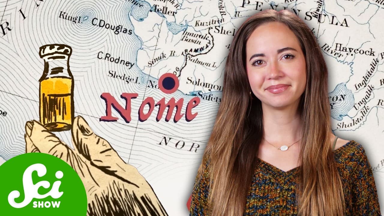 A woman stands beside a historical map showing Nome, Alaska, with an illustrated hand holding a serum bottle and the…
