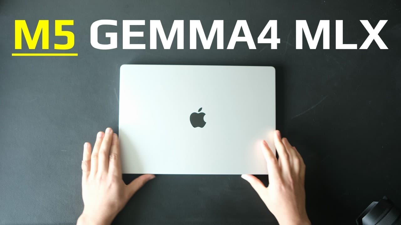 Hands holding a silver MacBook Pro with Apple logo centered, with "M5 GEMMA4 MLX" text displayed above against a dark…