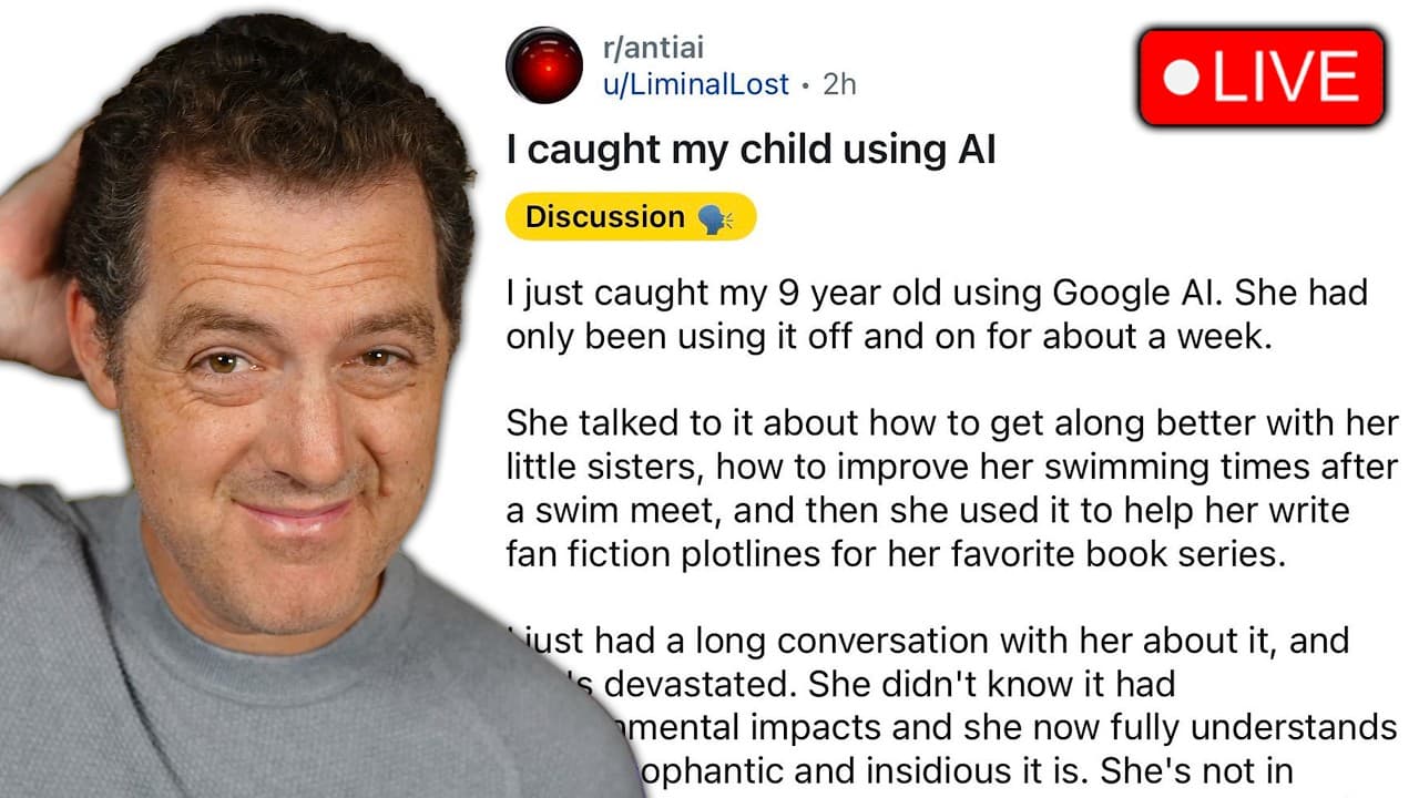 A man with a concerned expression next to a Reddit post discussing catching a child using AI, with a red LIVE indicator in…