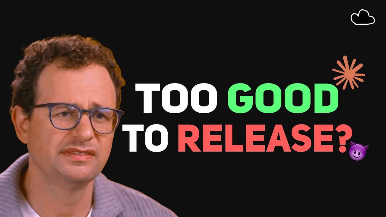 Man wearing glasses with skeptical expression beside text "TOO GOOD TO RELEASE?" against black background with decorative…
