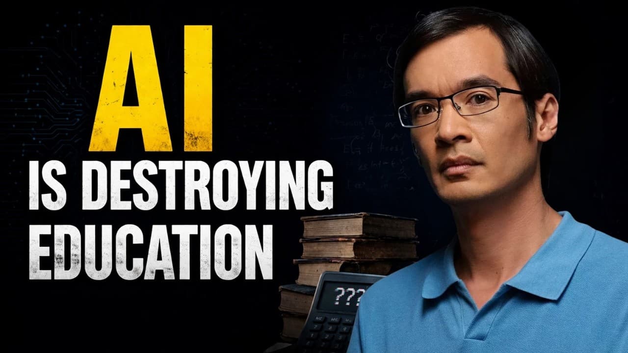 Man in blue shirt with glasses standing beside stacked books and calculator against dark background with yellow "AI IS…