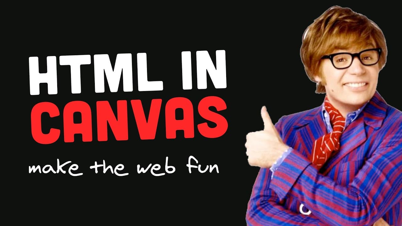 A person in a colorful striped jacket and glasses gives a thumbs up against black background with text about HTML in Canvas…