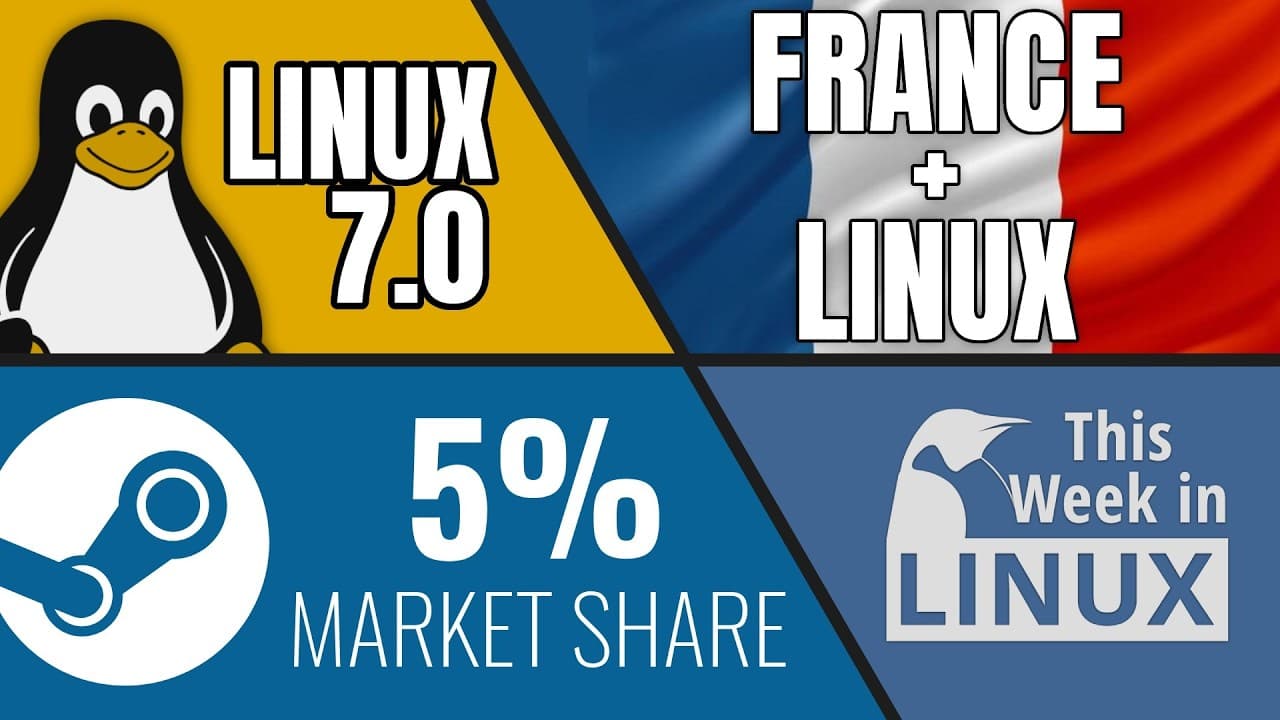 Colorful graphic split into four sections featuring Linux penguin, Steam logo, French flag, and text highlighting Linux…