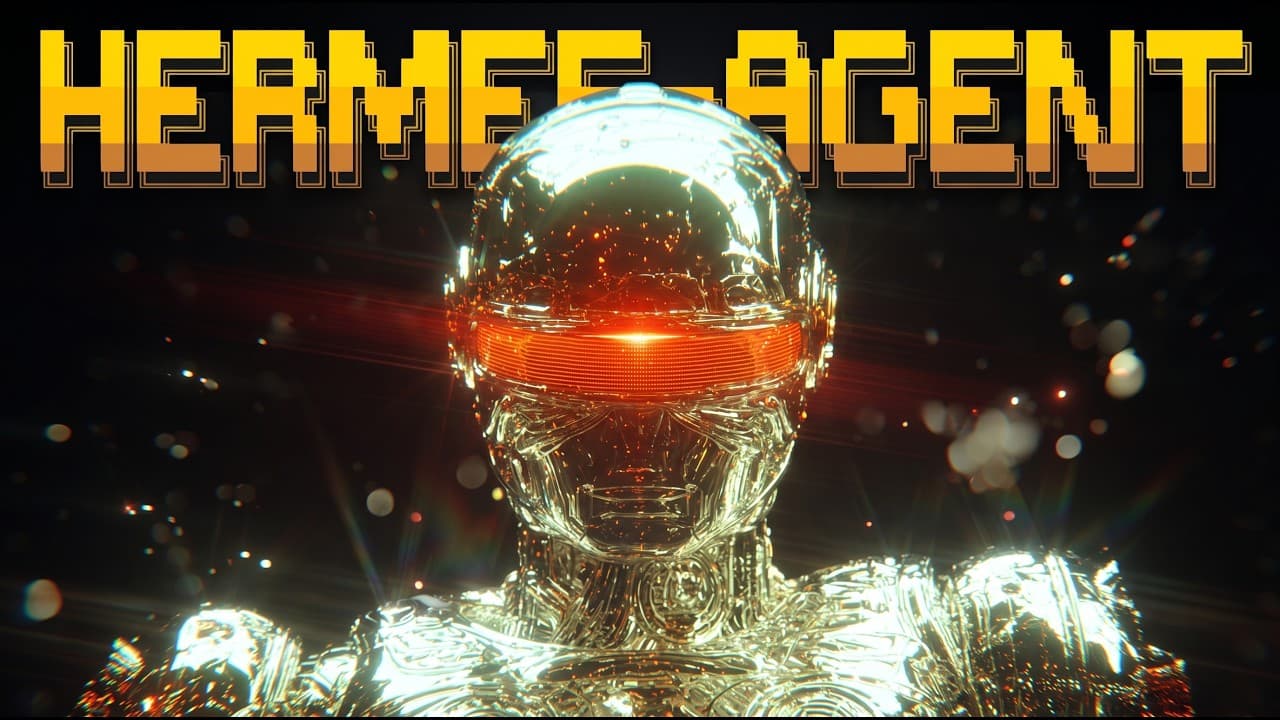 A gleaming metallic robot head with a glowing orange visor against a dark background with the yellow text "HERMES AGENT"…
