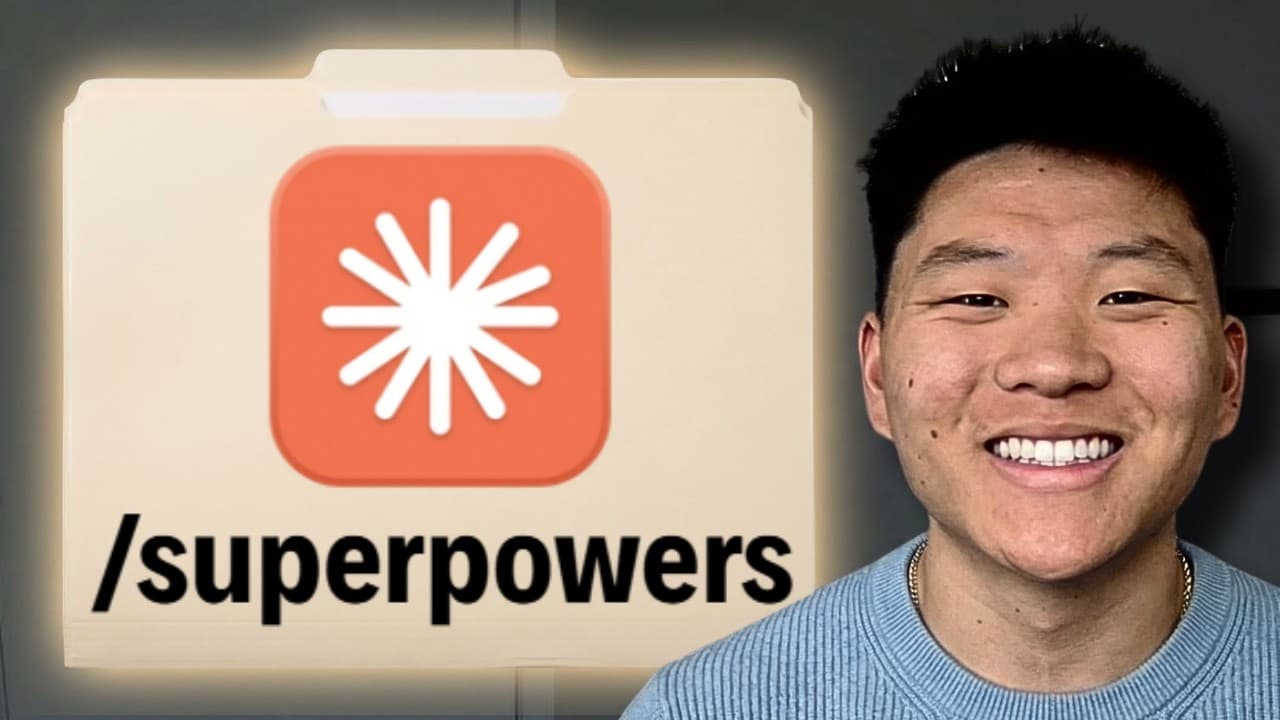 A smiling person next to a beige folder icon with an orange starburst symbol and "/superpowers" text label