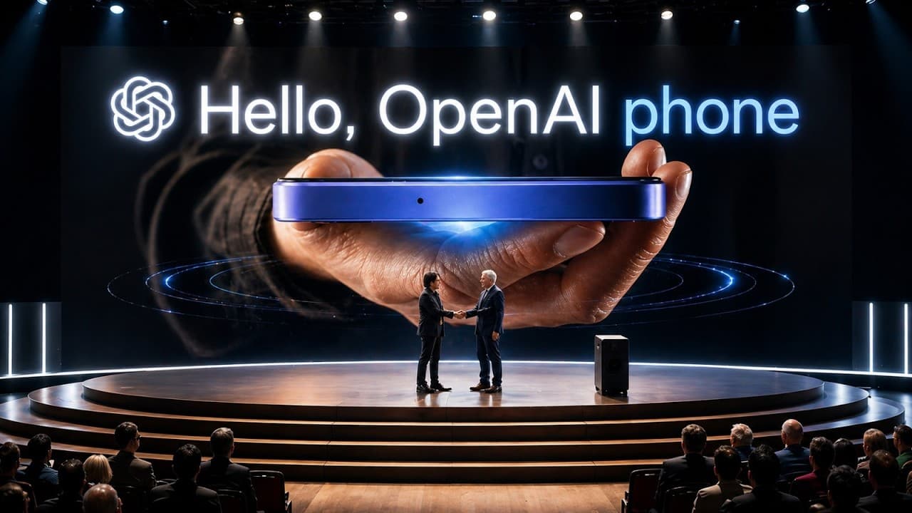 Two men shake hands on stage beneath a giant glowing hand holding a blue smartphone, with "Hello, OpenAI phone" displayed…