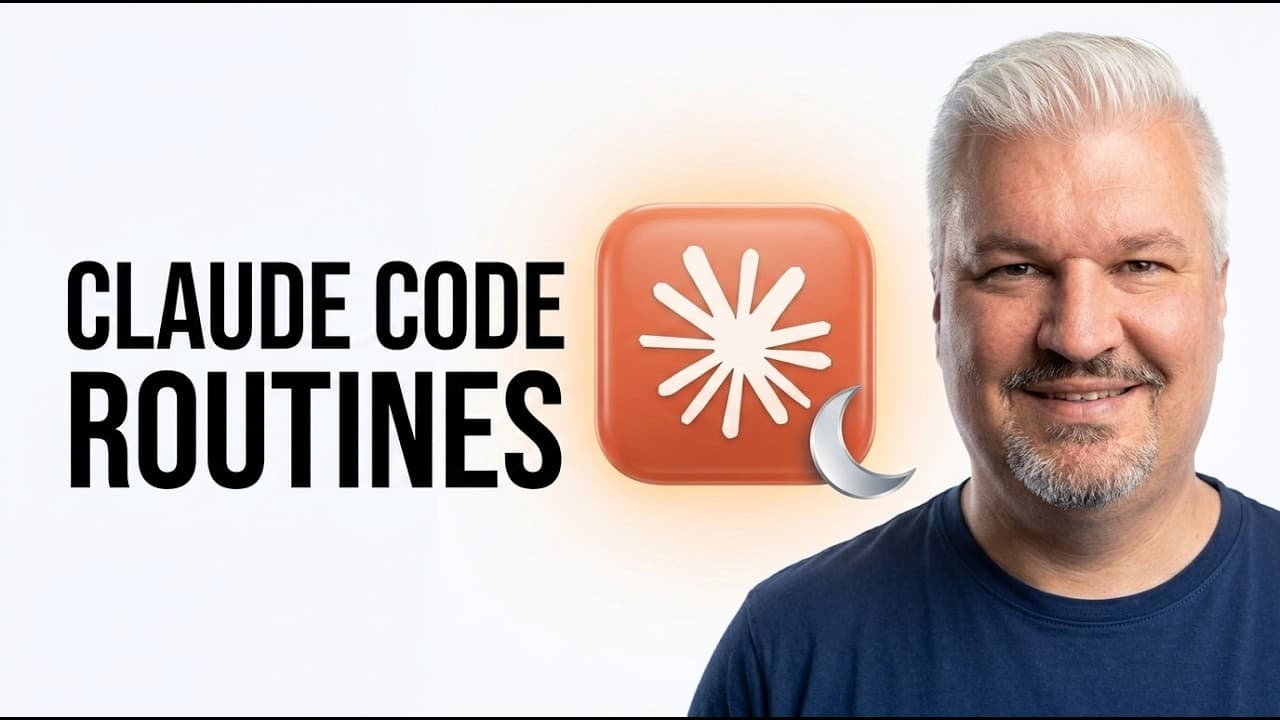 Man in dark shirt smiling next to orange app icon with starburst symbol and crescent moon, with "Claude Code Routines" text…