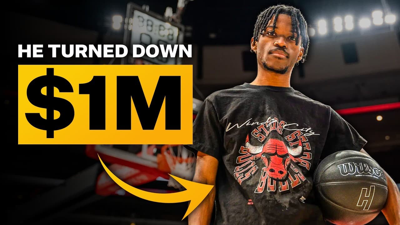 Man in Chicago Bulls shirt holding basketball in arena with "$1M" highlighted in yellow box and arrow pointing to it
