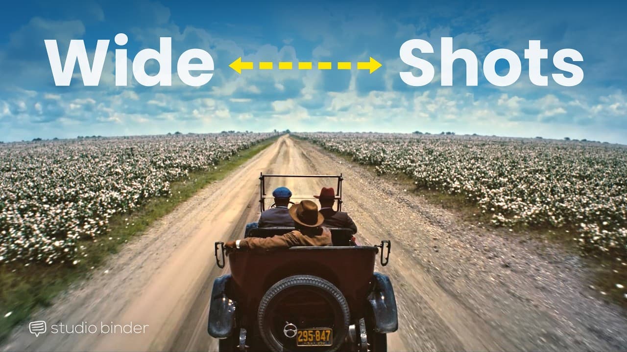Vintage car driving down a straight dirt road through endless cotton fields under blue sky with "Wide Shots" text overlay.