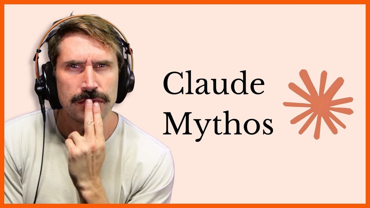Man wearing headphones with thoughtful expression and hand to chin, text reading "Claude Mythos" with decorative orange…