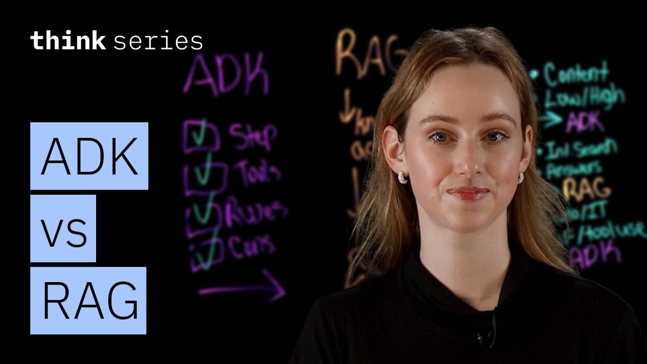 Woman in black shirt against dark background with handwritten notes comparing ADK and RAG frameworks for the think series
