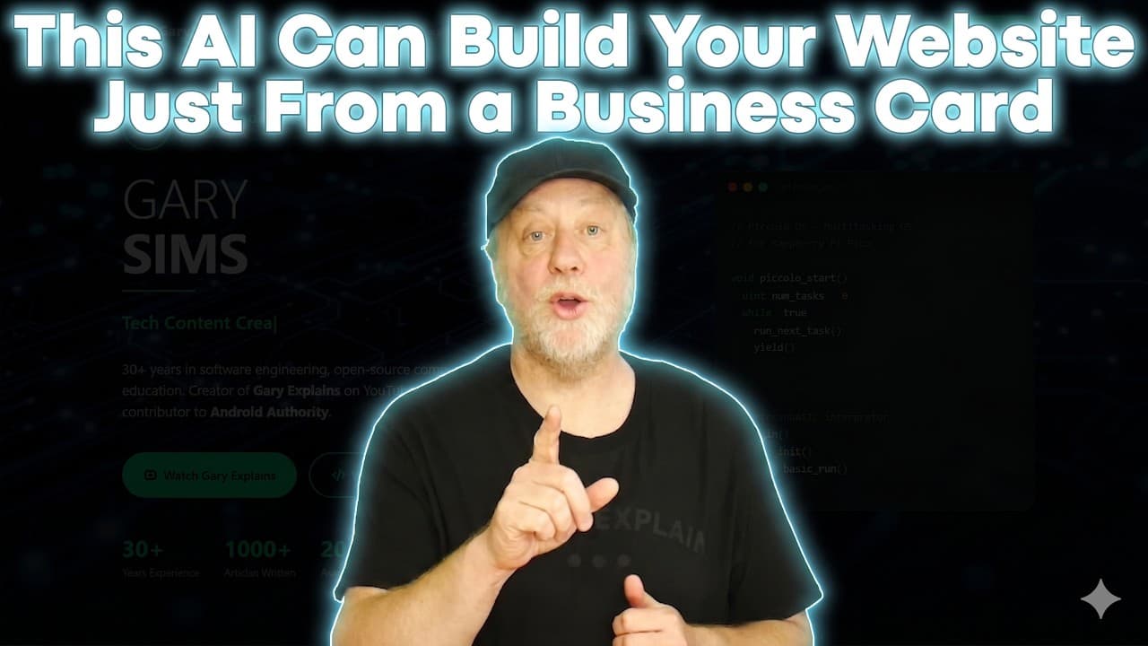 Gary Sims wearing a black cap and shirt gestures expressively while discussing AI website building technology against a…