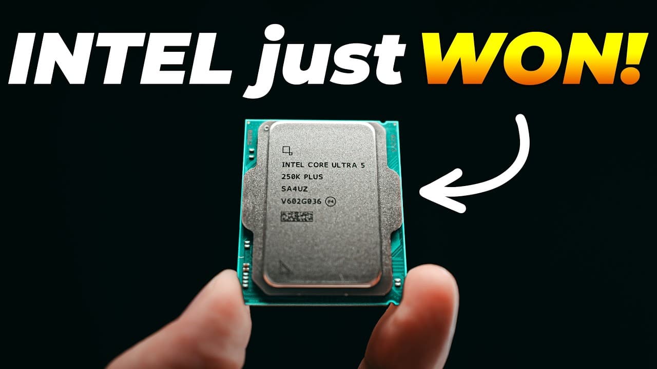 Intel Core Ultra 5 250K processor held in fingers against dark background with "INTEL just WON!" text overlay