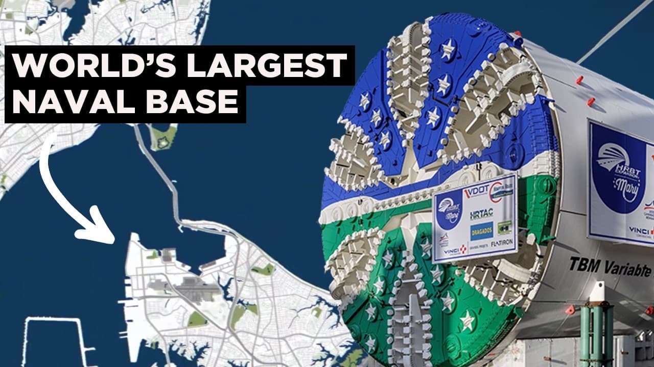 Map showing world's largest naval base with arrow pointing to location, beside detailed spacecraft engine component with…