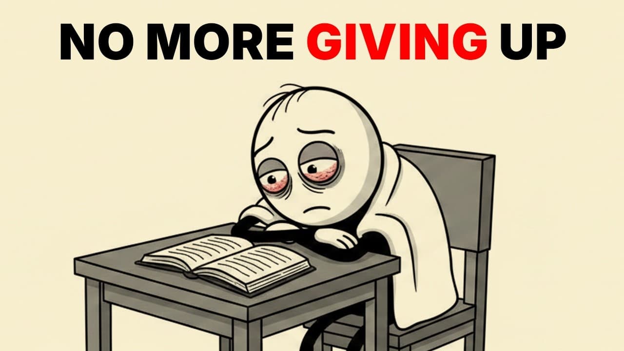 Exhausted cartoon character slumped at desk with open book and "NO MORE GIVING UP" text in bold red and black lettering