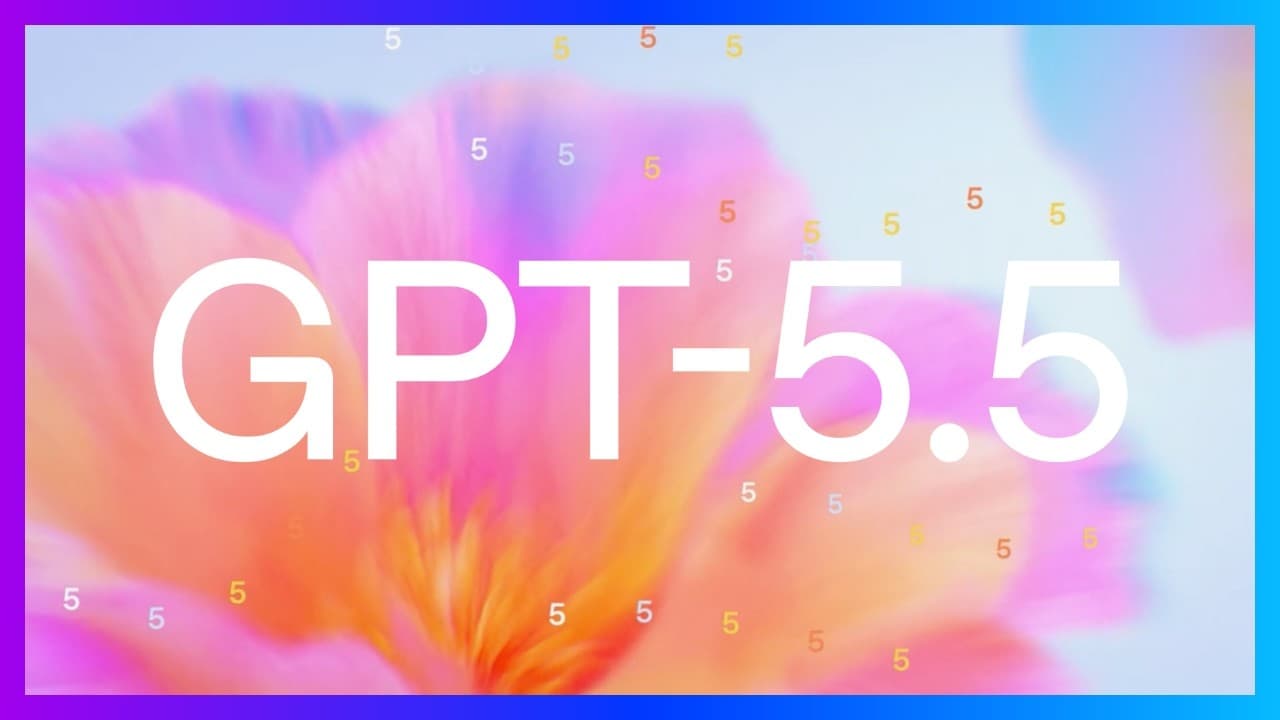 Colorful gradient background with pink, orange, and purple hues featuring "GPT 5.5" in large white text and scattered "5"…