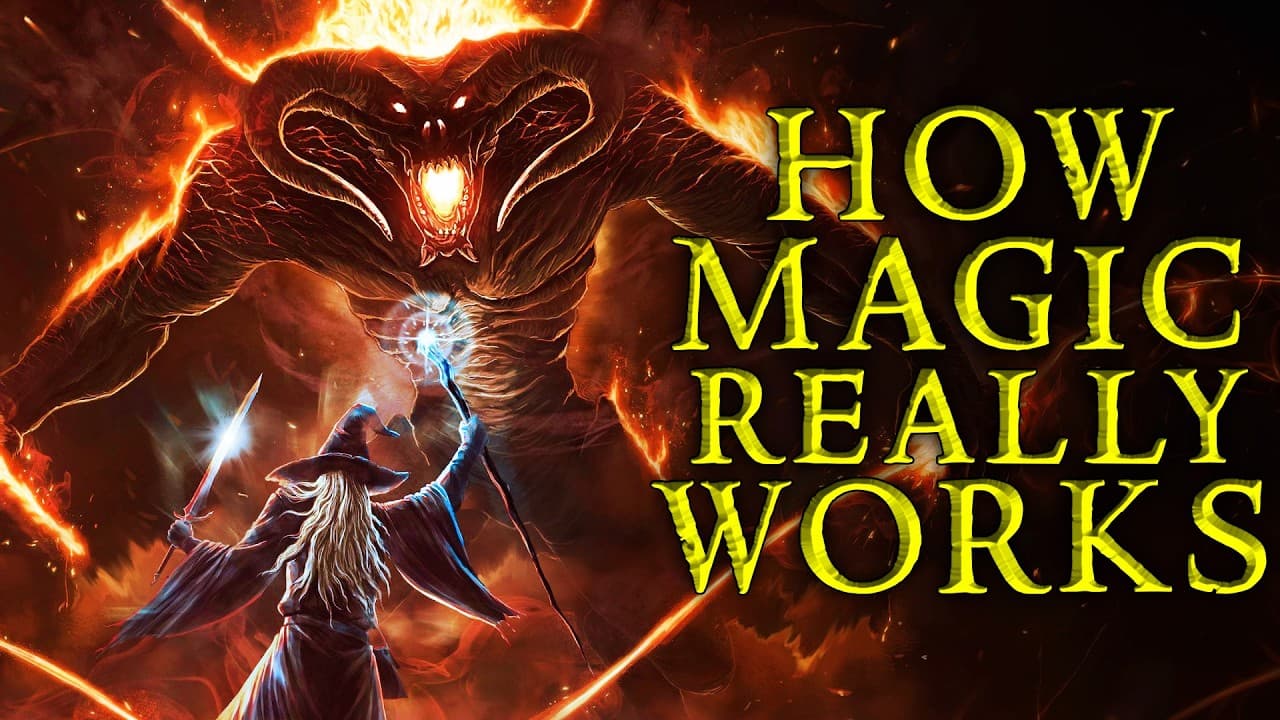 A wizard with a staff confronts a fiery demon against an orange inferno, with yellow text asking about magic mechanics