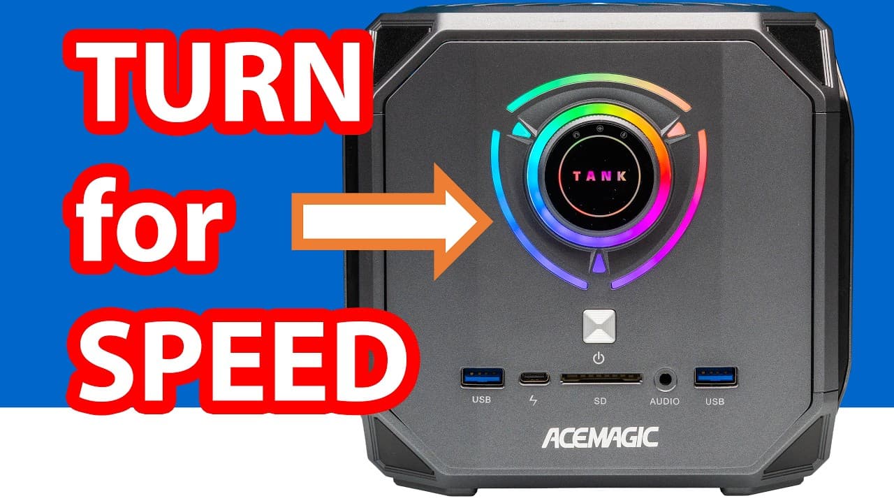 ACEMAGIC mini PC with colorful ring display showing "TANK" logo and USB ports against blue background with red text overlay