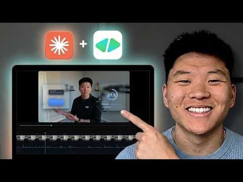 Young man smiling at camera pointing to video editing software interface with app icons for Claude and HyperFrames…