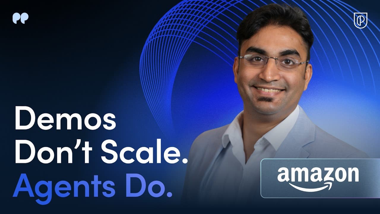 Professional man in glasses and blue shirt against blue geometric background with text "Demos Don't Scale. Agents Do." and…