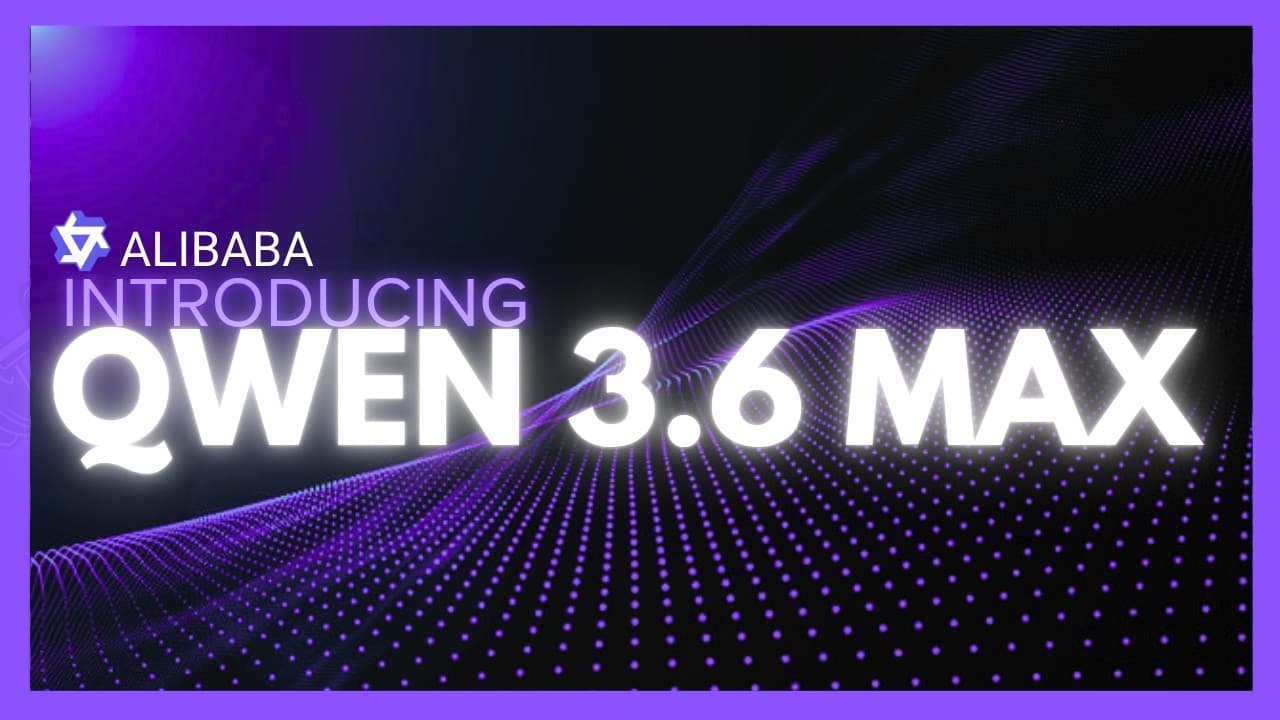 Alibaba introduces Qwen 3.6 Max with glowing white text on a dark purple digital landscape with flowing particle effects
