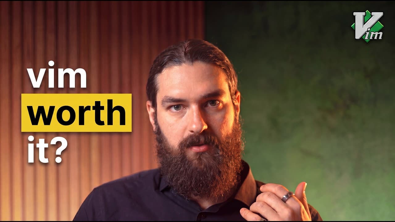 A bearded man in a black shirt against a colorful backdrop with text asking "vim worth it?" and the Vim logo in the corner