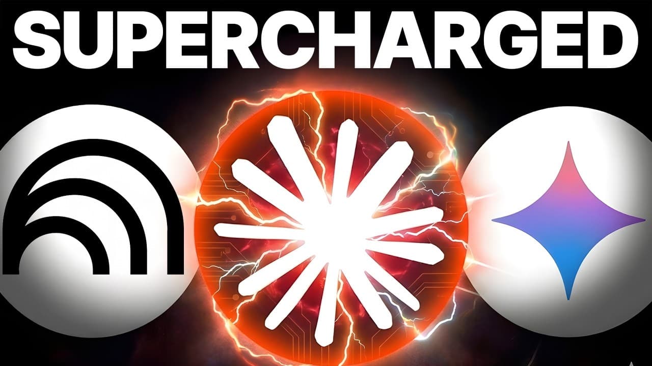 Two AI logos (Google and Claude) flank a glowing red sphere with lightning bolts and the word "SUPERCHARGED" above it,…