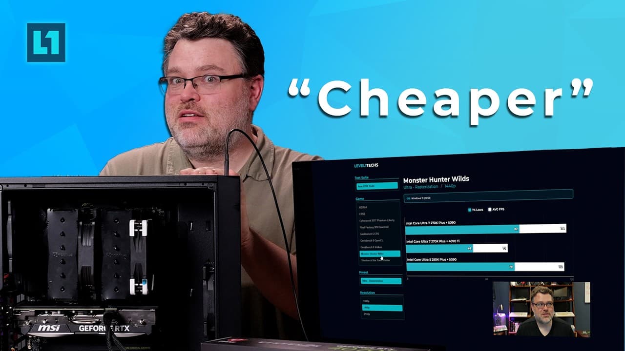 Tech reviewer examines MSI PC build with RTX graphics card and benchmark results displayed on monitor showing Monster…