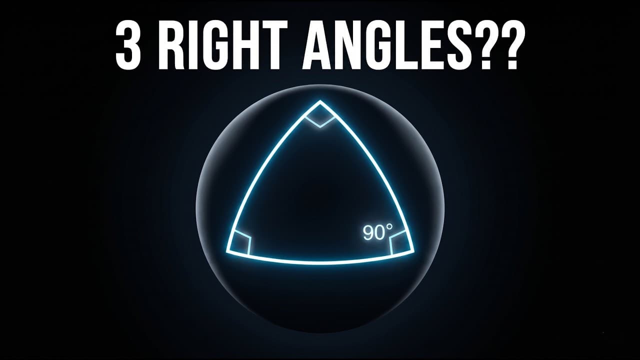A neon triangle inside a sphere with three right angle symbols marked at its corners against a dark background.