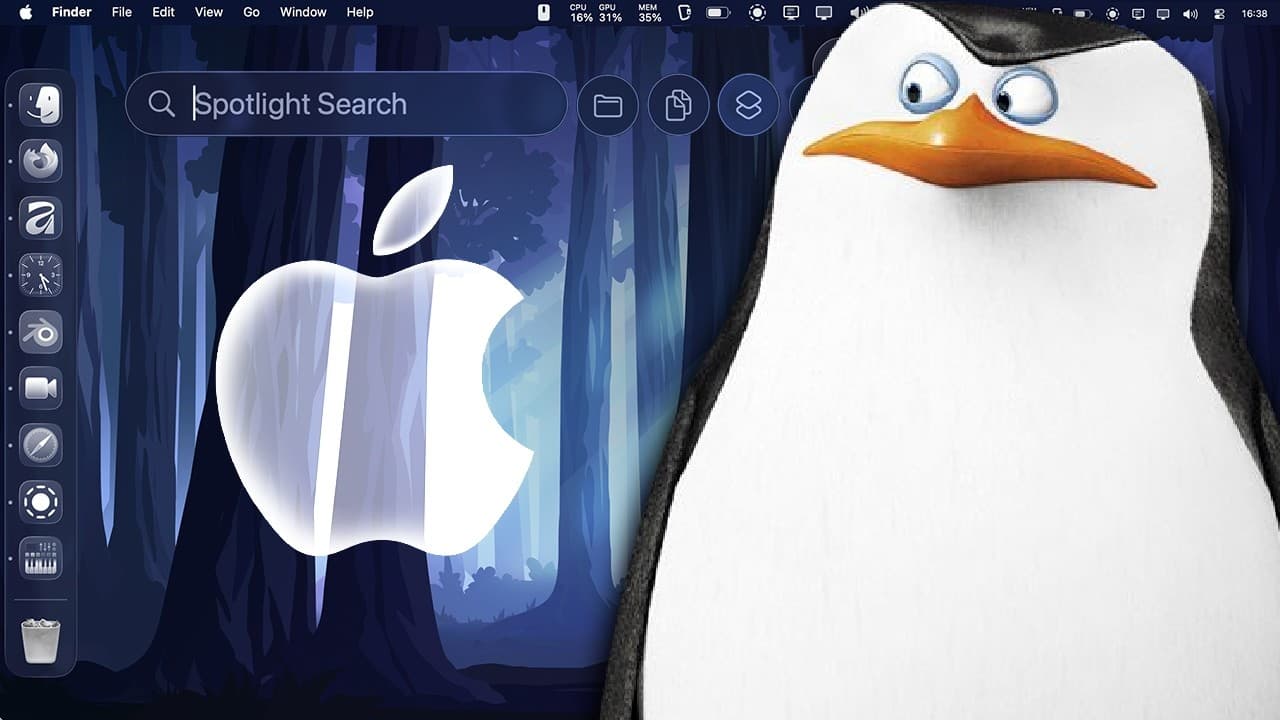 A Mac desktop screen displaying the Apple logo wallpaper alongside a surprised-looking penguin character representing Linux