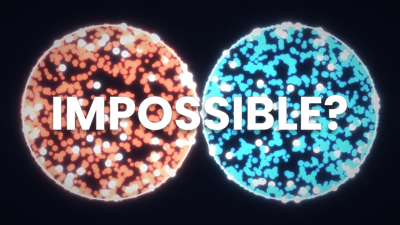 Two glowing spheres in contrasting red and blue colors with the text "IMPOSSIBLE?" overlaid between them against a dark…
