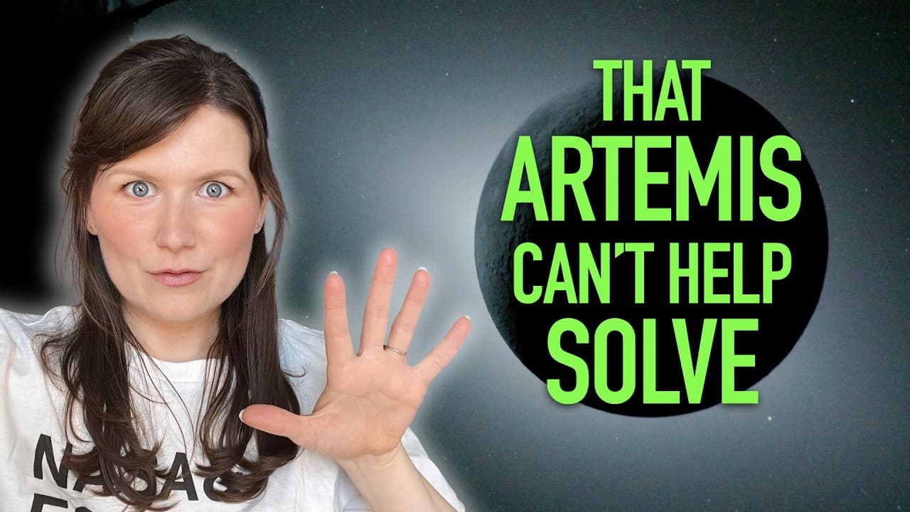 Woman in NASA shirt with hand raised toward moon, green text stating "THAT ARTEMIS CAN'T HELP SOLVE" against starry…
