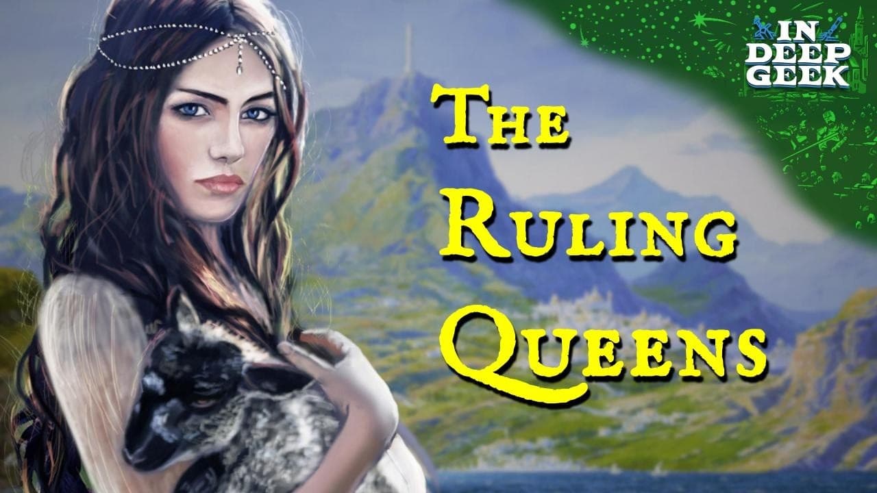Fantasy woman with tiara holding a wolf cub against a mountainous landscape with "The Ruling Queens" text overlay