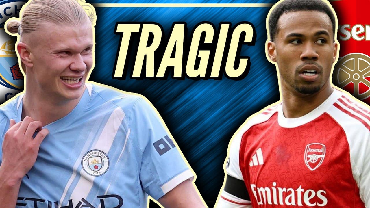 Two football players in Manchester City and Arsenal kits facing each other with "TRAGIC" text overlay on a blue striped…