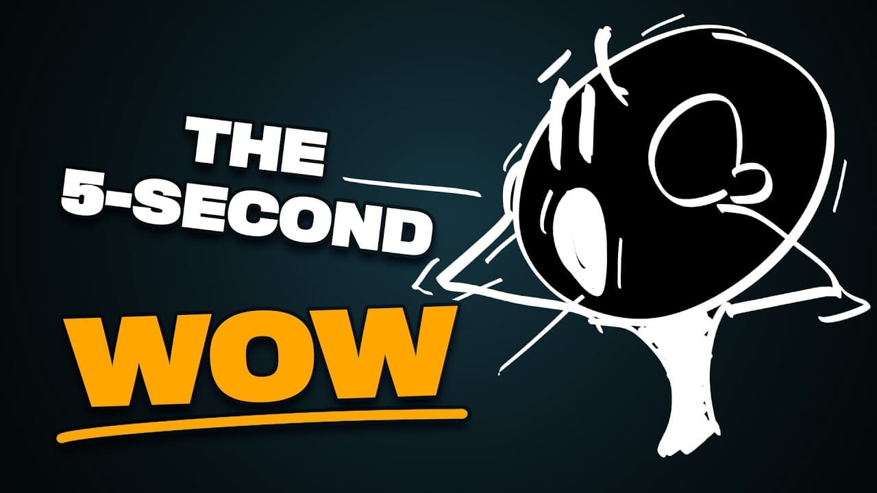 Cartoon character holding a megaphone against dark background with "THE 5-SECOND WOW" text in white and gold lettering