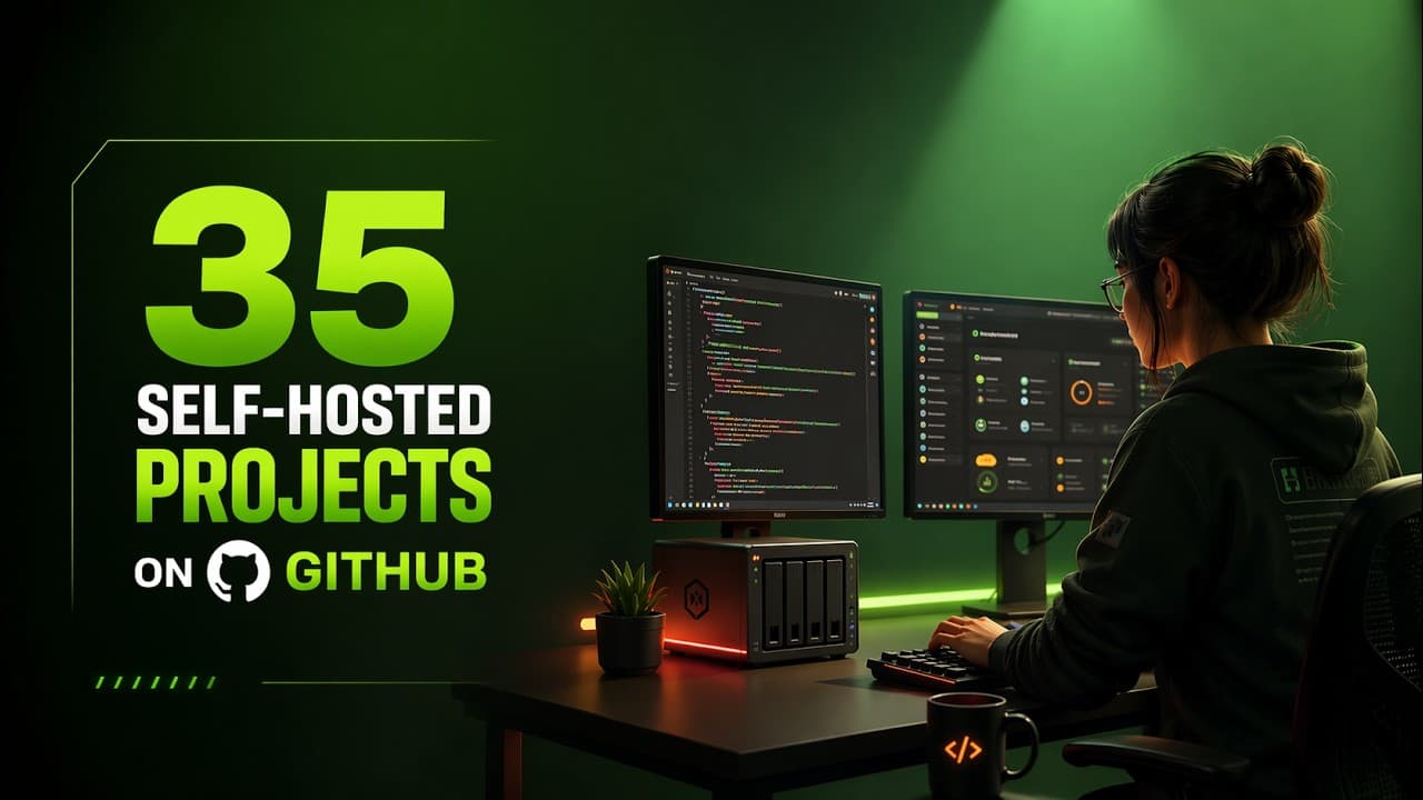 Developer at desk with dual monitors displaying code and dashboards, with "35 SELF-HOSTED PROJECTS ON GITHUB" text overlay…