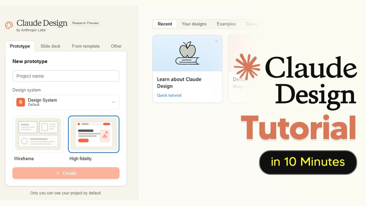 Claude Design interface showing prototype creation options with a tutorial banner offering to teach design skills in 10…