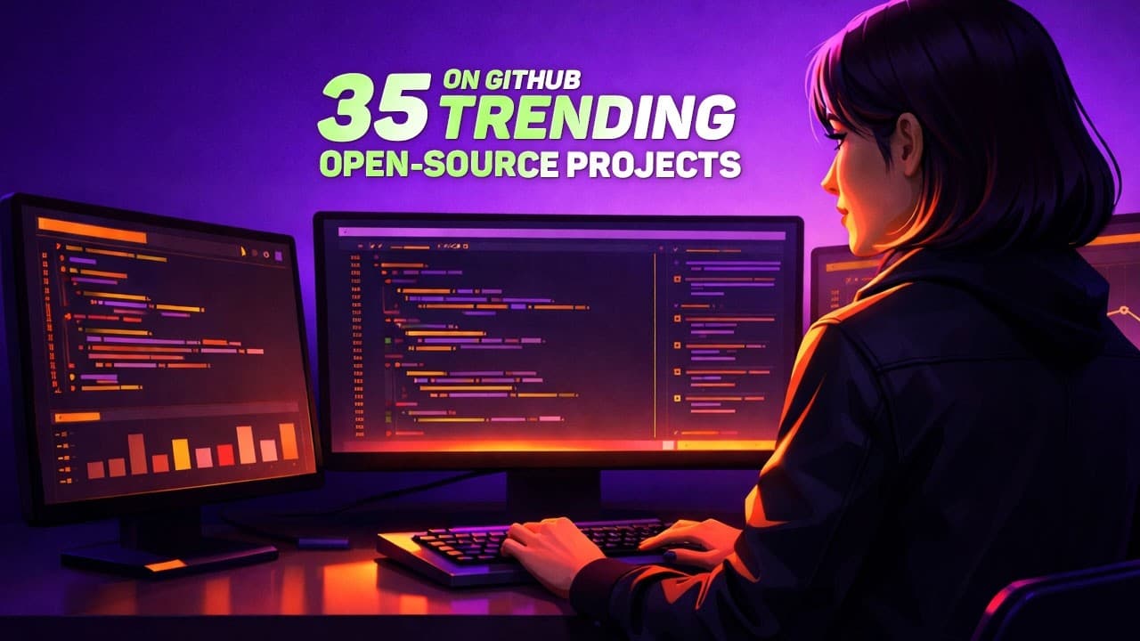 Developer analyzing code on multiple monitors with neon purple and orange lighting displaying "35 Trending Open-Source…