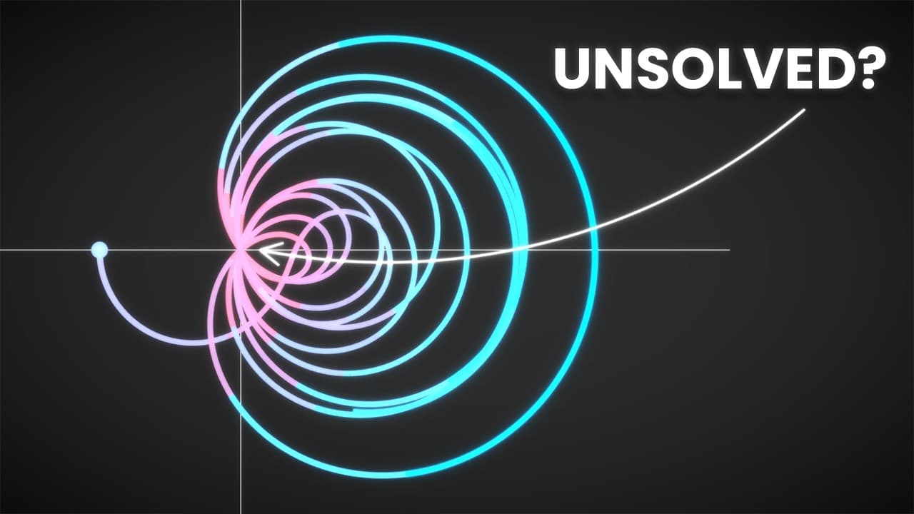 Neon spiral diagram with concentric circles in cyan and pink, a mathematical curve, and "UNSOLVED?" text on dark background