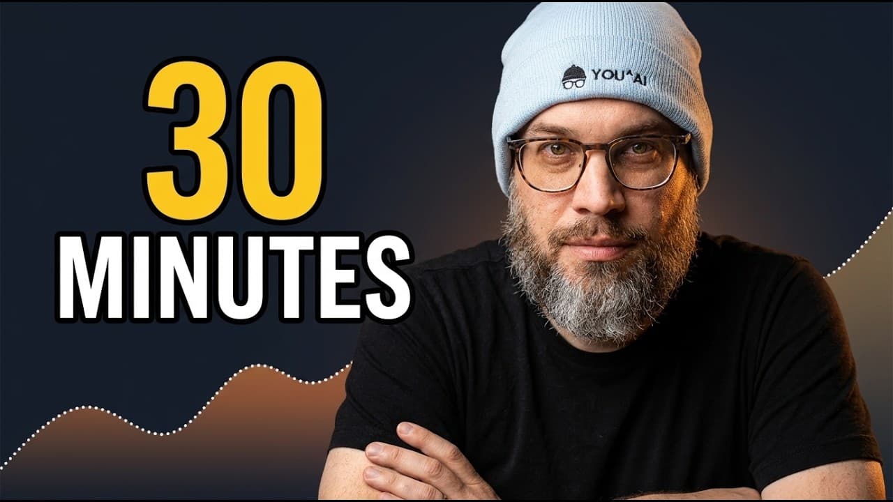 Man with glasses and beanie wearing black shirt against dark background with "30 MINUTES" text and upward trending chart…