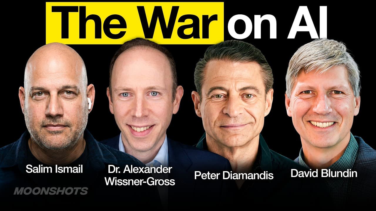 Four men's headshots arranged horizontally with "The War on AI" text at top and names labeled below each person