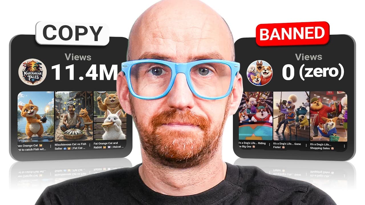 Bald man with blue glasses comparing two YouTube channels side-by-side: one showing 11.4M views labeled "COPY" with…