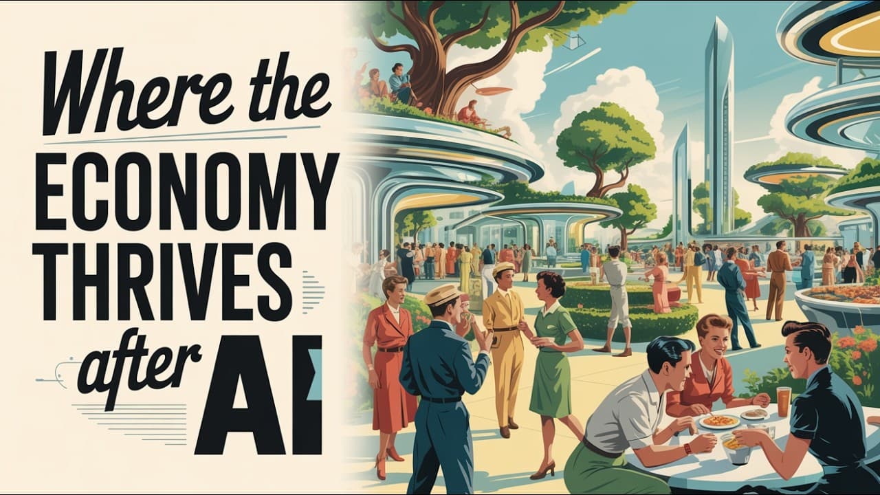 Retro-futuristic illustration of diverse people socializing in a utopian cityscape with floating structures and lush…