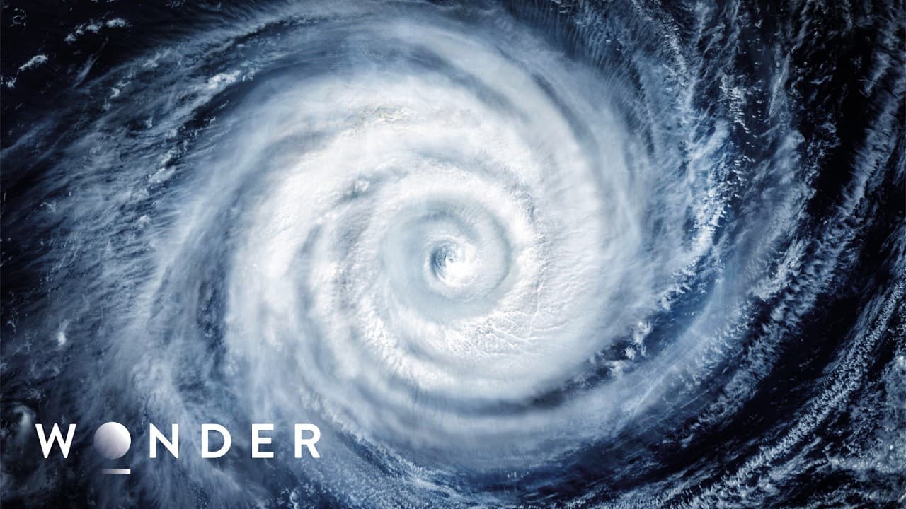 Satellite view of a massive hurricane with a perfect spiral eye at its center, with "WONDER" branding in the lower left…