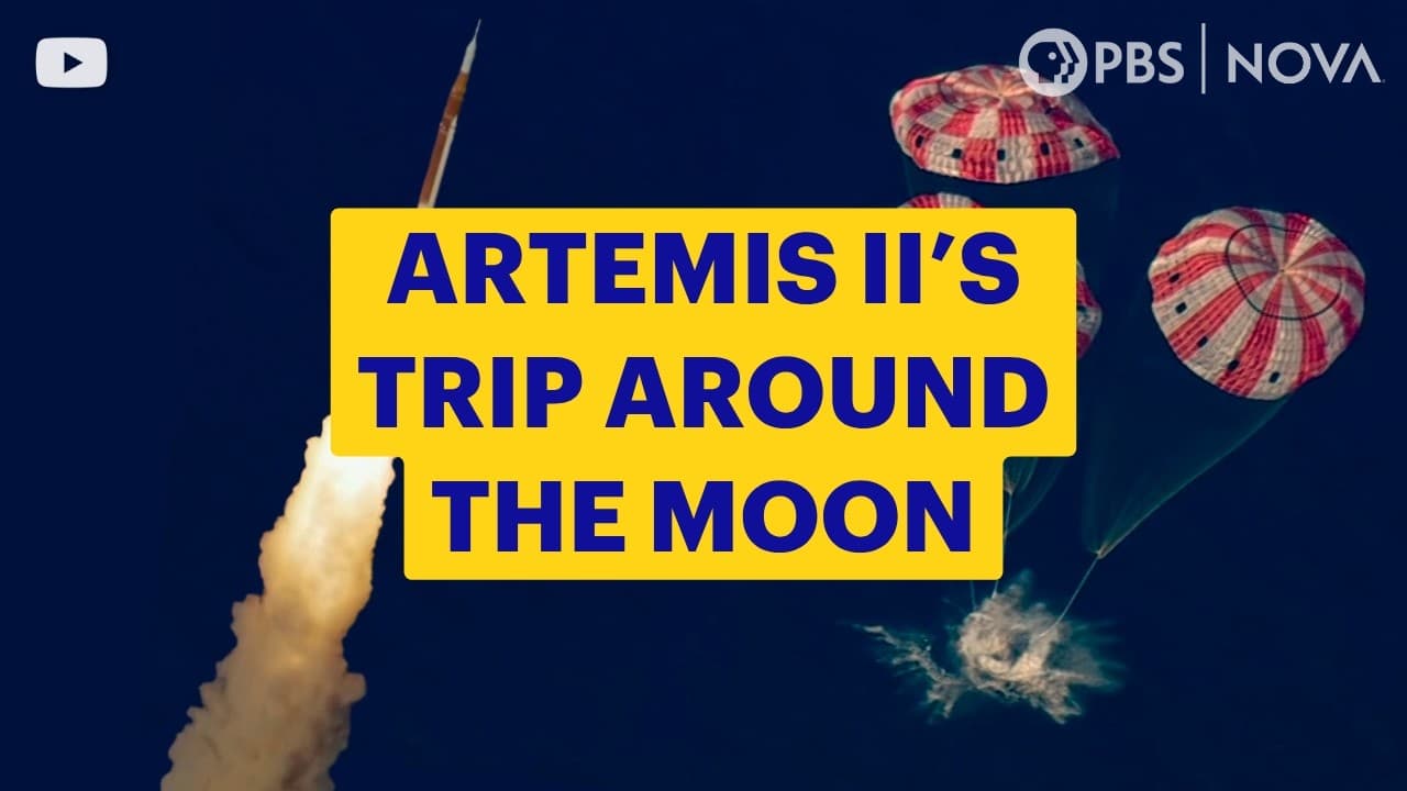 Rocket launch on left with parachutes descending on right against dark blue background, yellow banner with mission title…