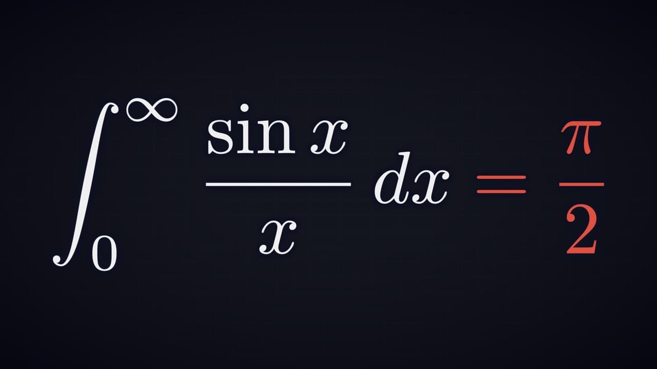 Mathematical integral equation displayed with white text on dark background, showing a definite integral of sin(x)/x from 0…