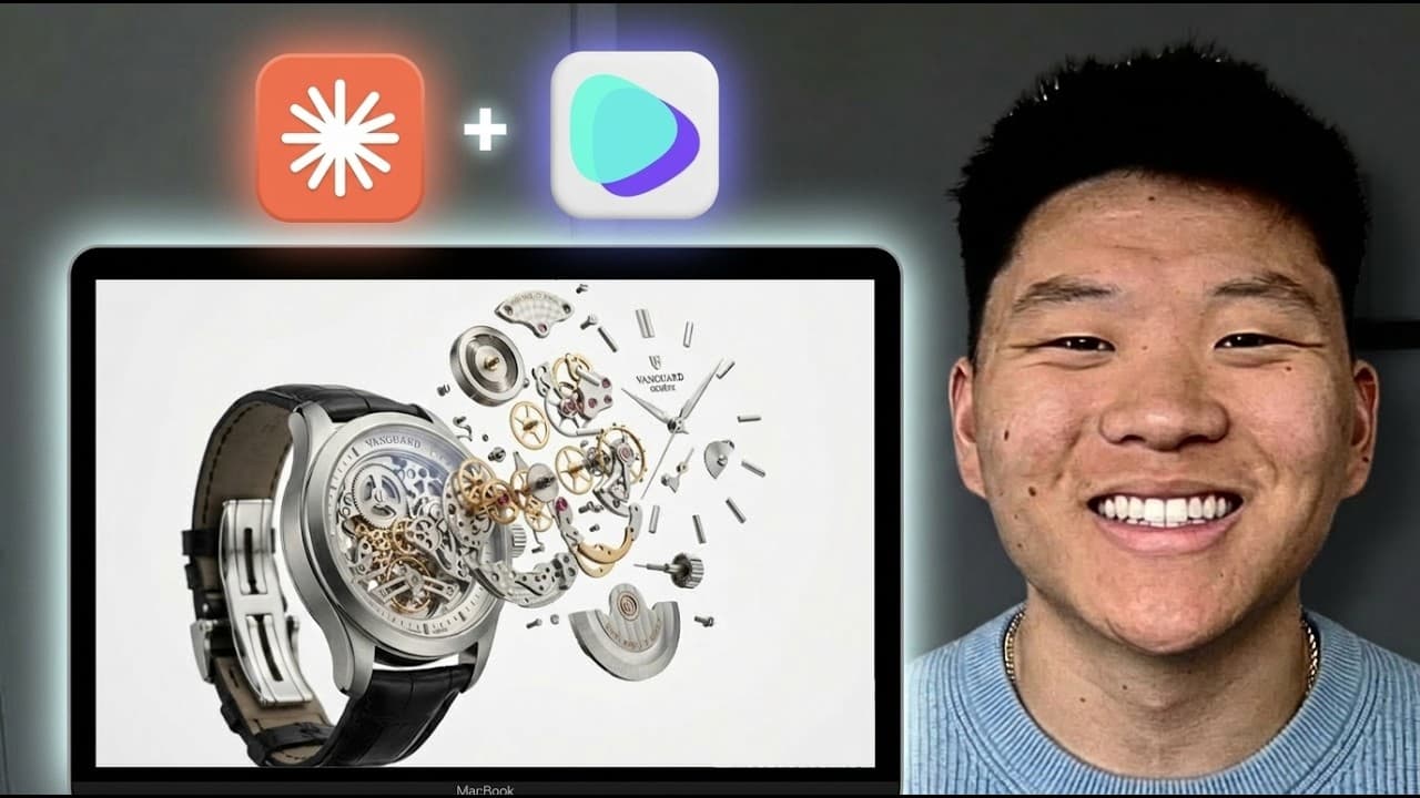 Man smiling beside laptop displaying exploded luxury watch diagram with Cursor and Seedance app icons above