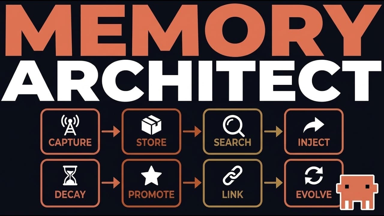 Diagram showing Memory Architect workflow with six steps: Capture, Store, Search, Inject, Decay, Promote, Link, and Evolve,…