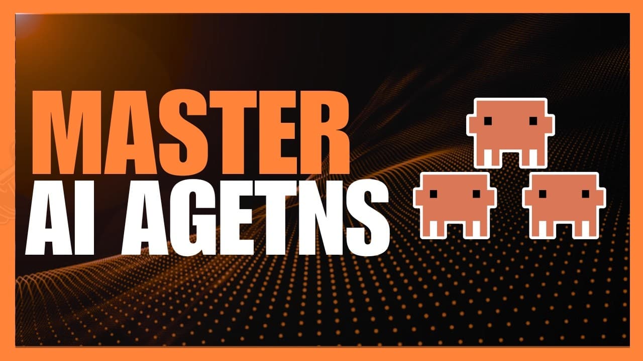 Bold orange and white text reading "MASTER AI AGENTS" with three pixelated character icons on a dark background with orange…