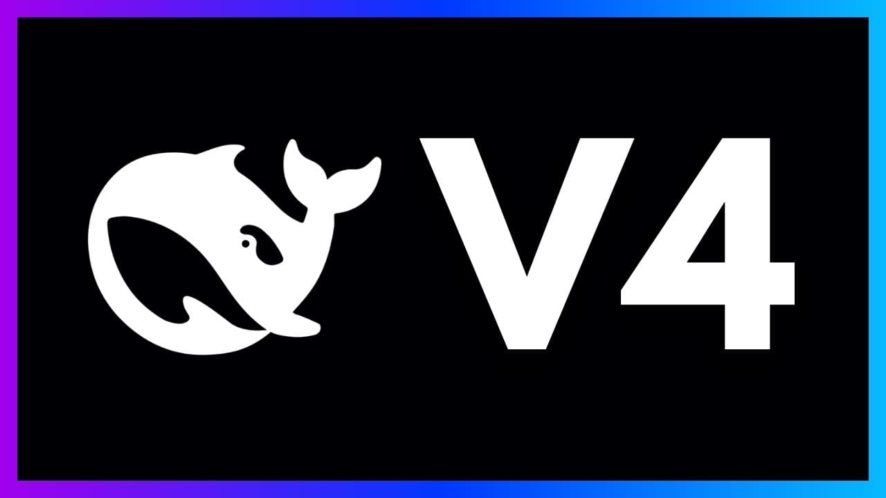 White whale logo and "V4" text on black background with blue-to-purple gradient border